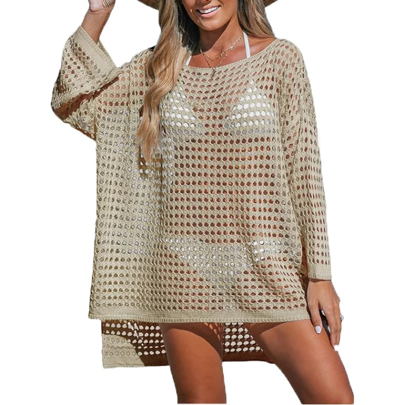 Women's sun protection clothing, sexy knit hollow top, crew neck, long sleeve bikini, swimsuit smock, summer, new