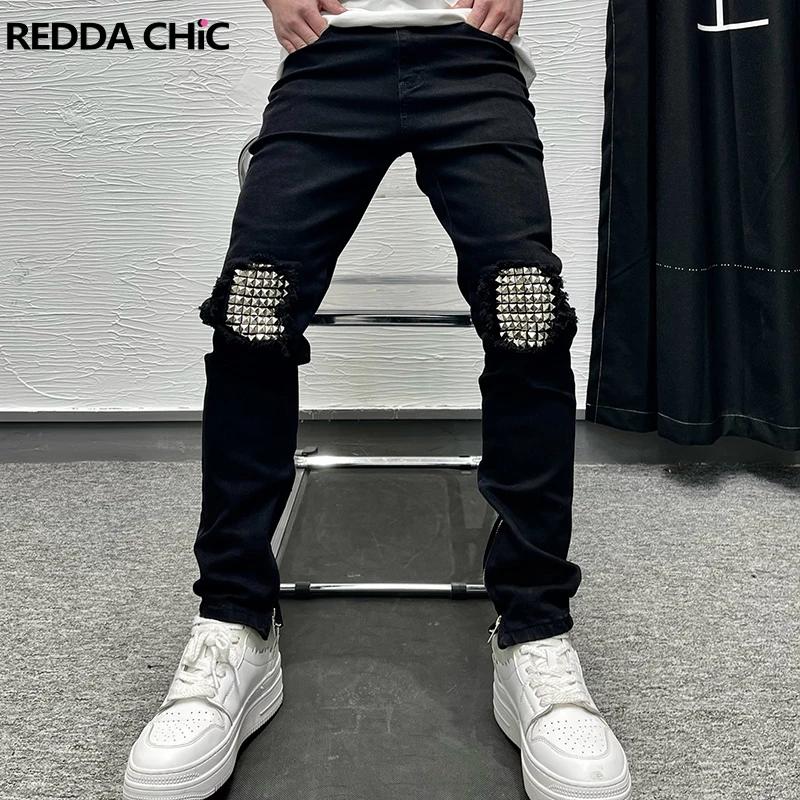 REDDACHIC Luxury Diamond Black Straight Jeans Men Frayed Zipper Slit Slim Stretch Denim Pants Hiphop Trouser Harajuku Streetwear