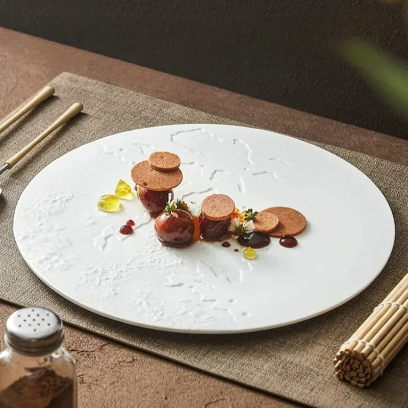 Rock Pattern Map Ceramic Flat Round Plate Hotel Restaurant Light Luxury Plate Household Cooking Dish Tableware Steak Salad Plate