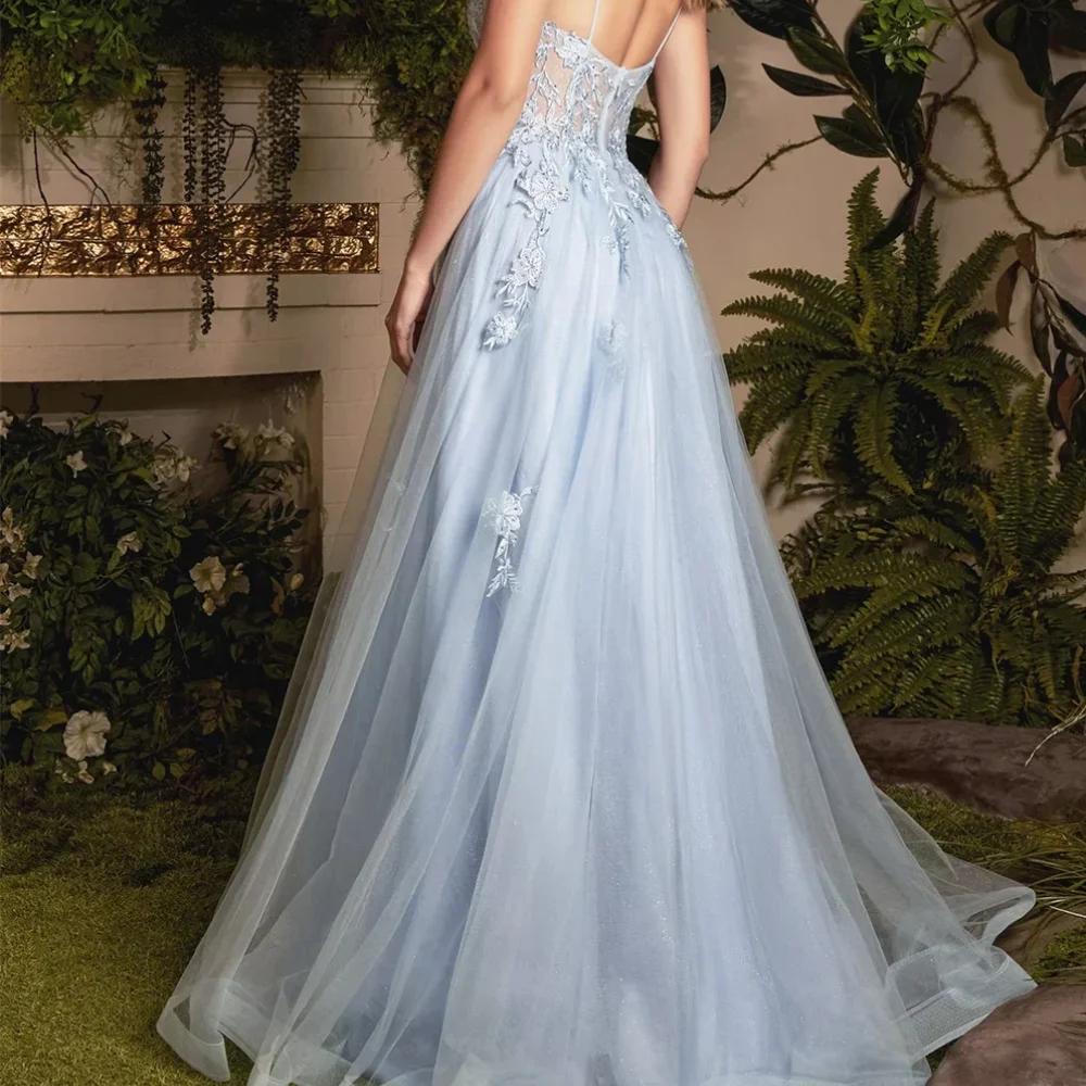 Longas correias azuis de espaguete Tulle Prom Dresses, sem mangas com apliques, A Line Floor Length, elegante