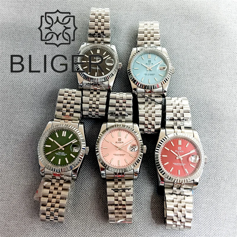 BLIGER NH35 Watch For Men 36mm/39mm Automatic Movement Fluted Bezel Sapphier Glass Sky Blue Green Black Pink Dial Steel Strap