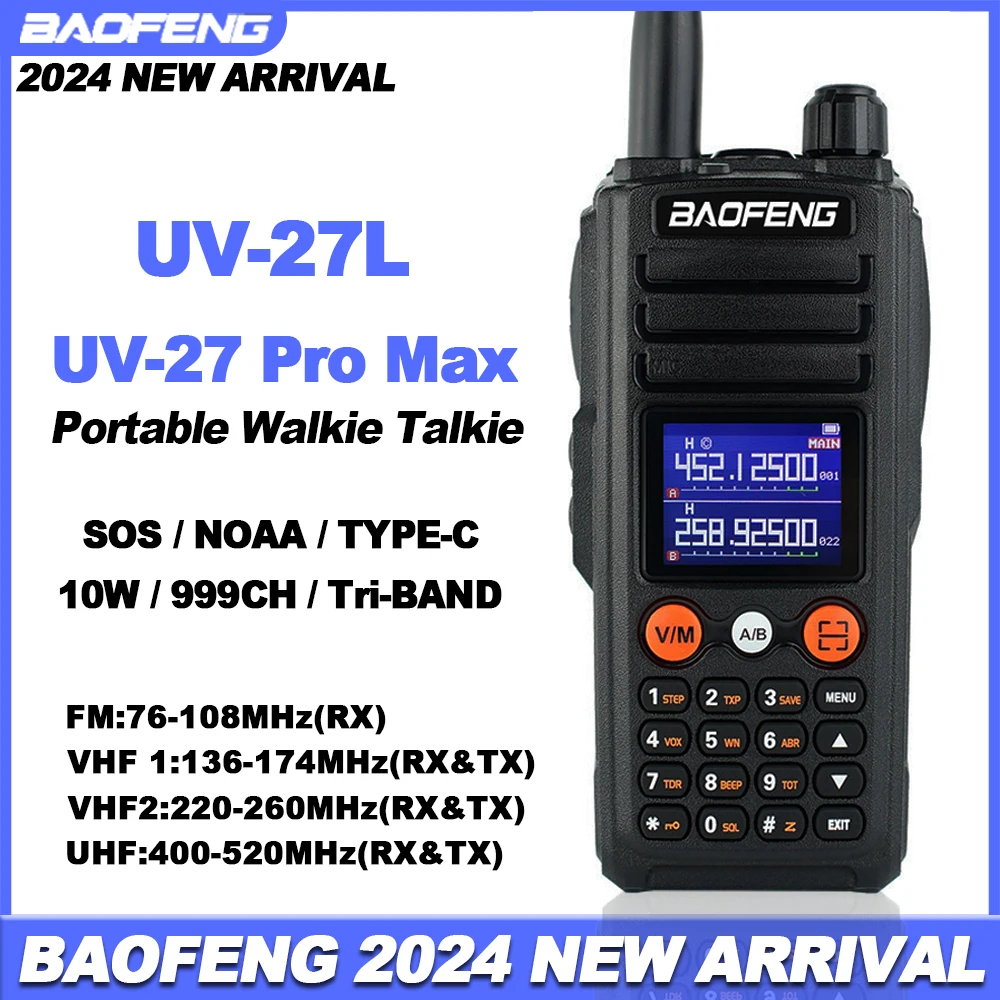 BAOFENG-Walkie Talkie portátil em dois sentidos, UV-27L, UV-27 Pro Max, 10W, Tri-Band, 999CH, NOAA, carregamento tipo C, BF-UV27L, mais novo, 2021