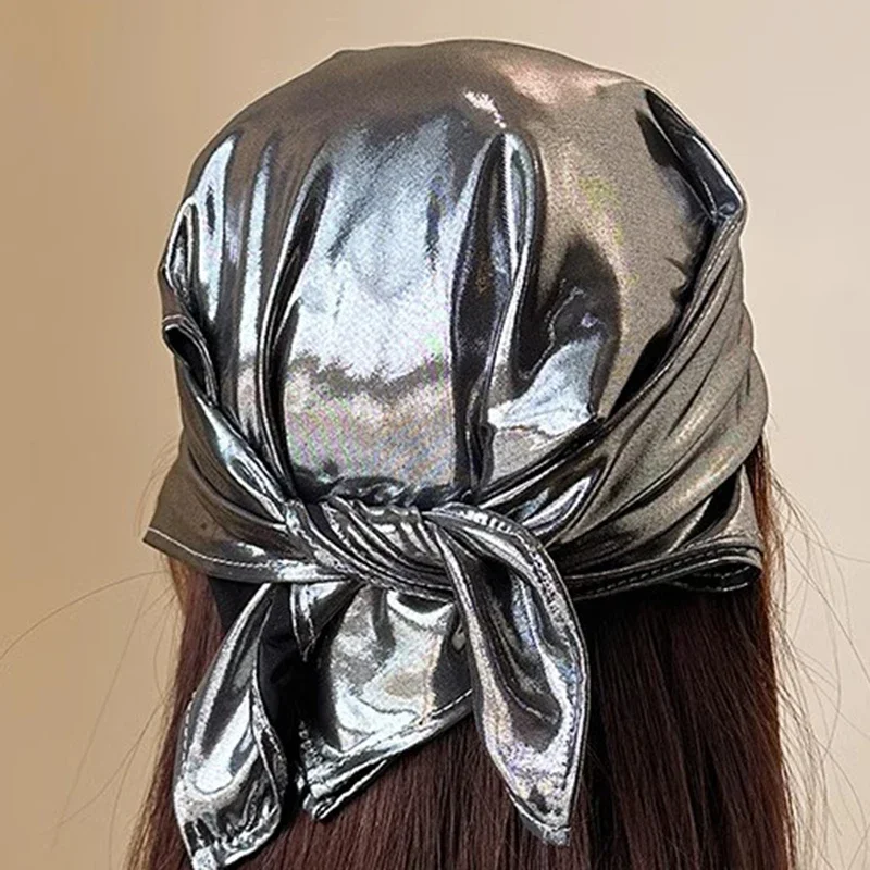 Y2K Liquid Silver Black Headband Retro Spicy Hair Scarf Fashion Hair Shawl Wrap Square Scarf Korean Hair Band for Spice Girls