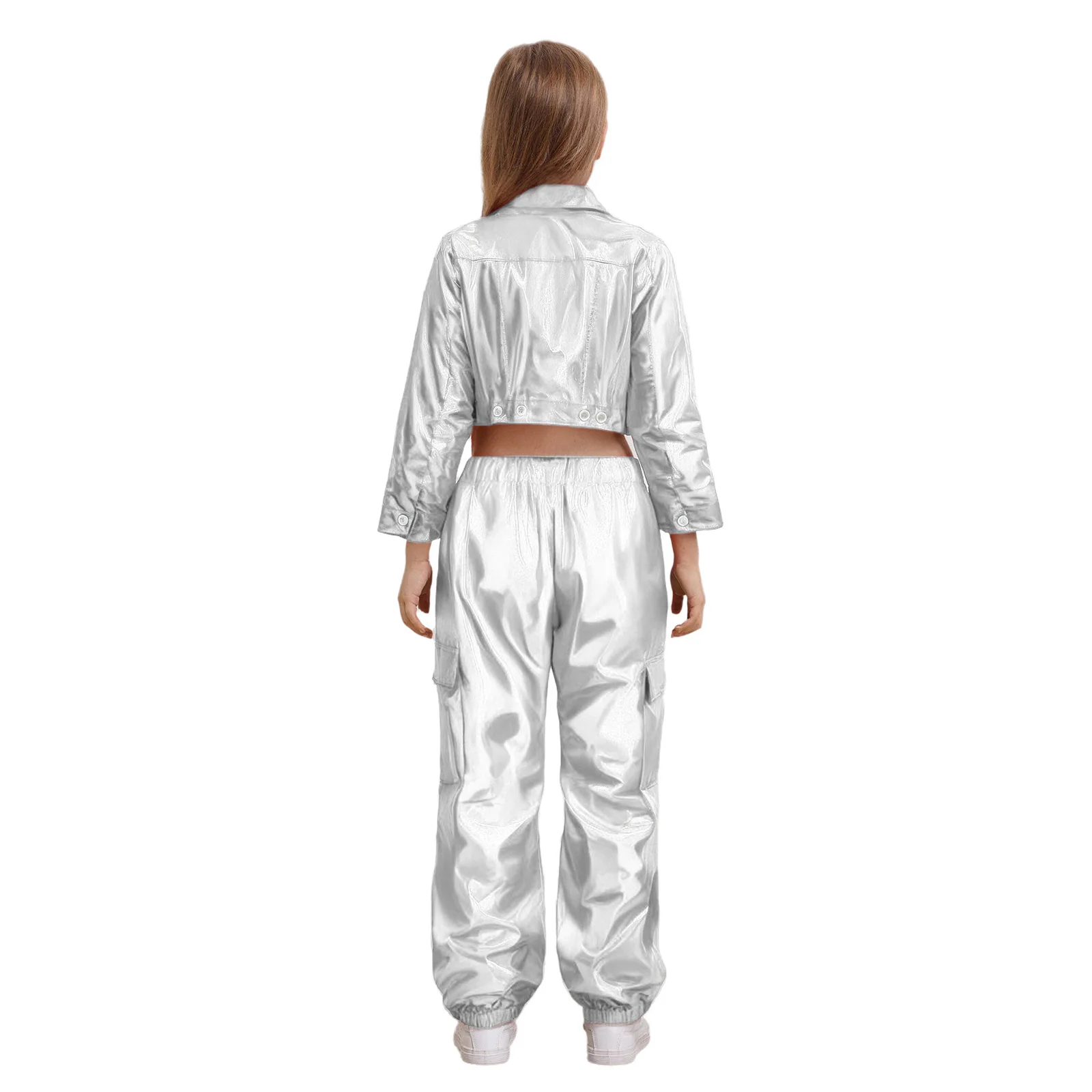 Kids Girls Hip-Hop Jazz Dance Costumes Holography Metallic Shiny Turn-Down Collar Long Sleeve Jacket Coat Outwear+Pants 2Pcs