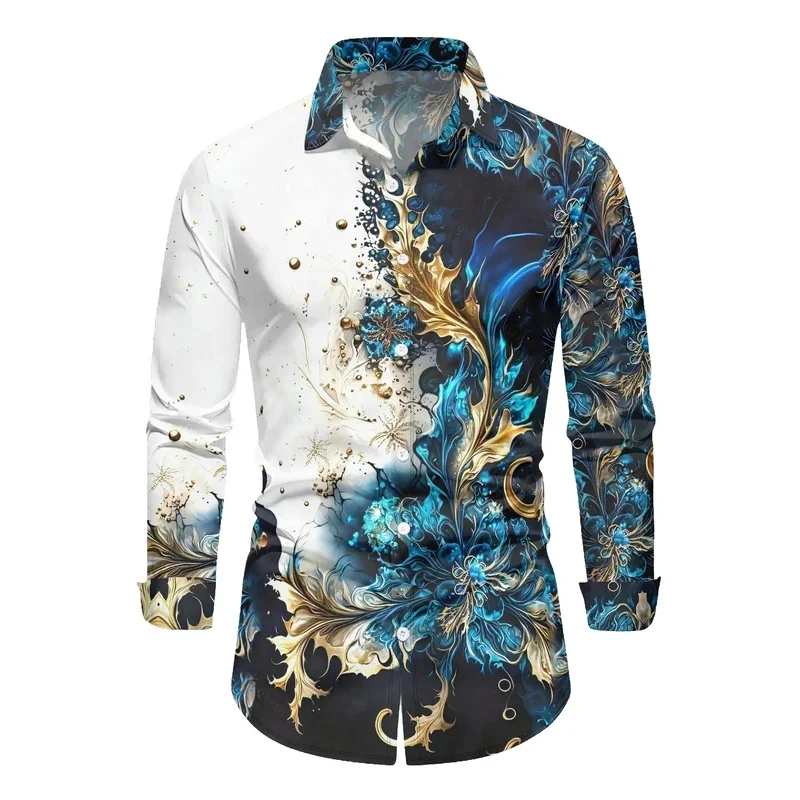 Summer Color Lines 3D Floral Print Men's Long Sleeve Shirt Single Row Zipper Fashion Design Long Sleeve Shirt