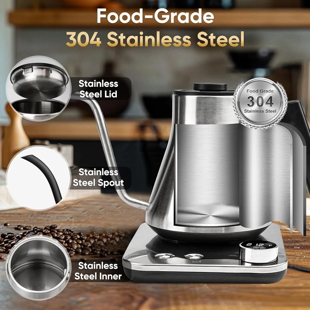 غلاية كهربائية معقوفة 1200 وات تسخين سريع 5 إعدادات مسبقة لدرجة الحرارة ±1 ℉   التحكم في درجة الحرارة، إيقاف تلقائي لمدة 24 ساعة، يشمل الدفء