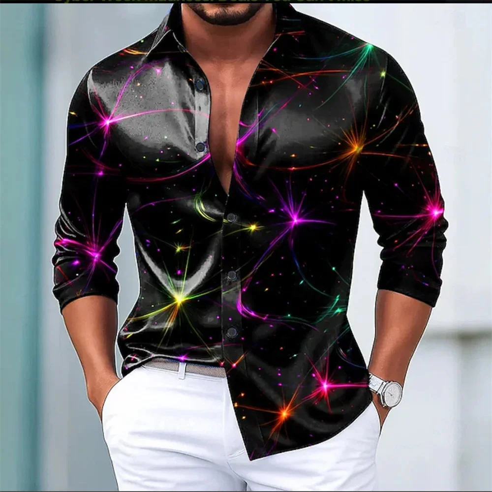 Men Firework Star Print Satin Shirt Glossy Long Sleeve Button Up Party Shirt