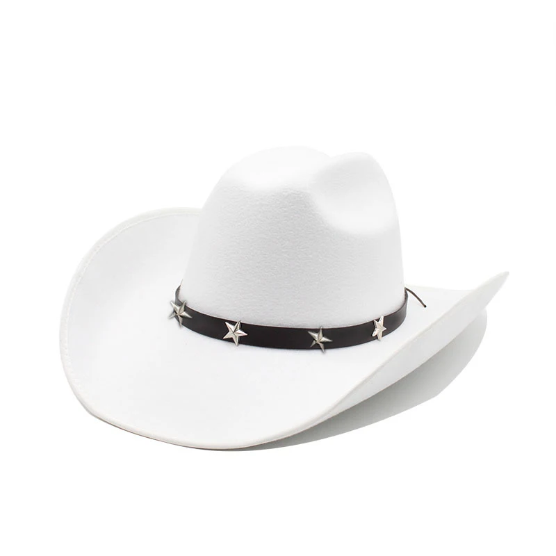 Retro Stars Leather Belt Imitation Cashmere Women Men Large Wide Brim Yellowstone Cowboy Western Hat Cowgirl Cap  (56-59cm)