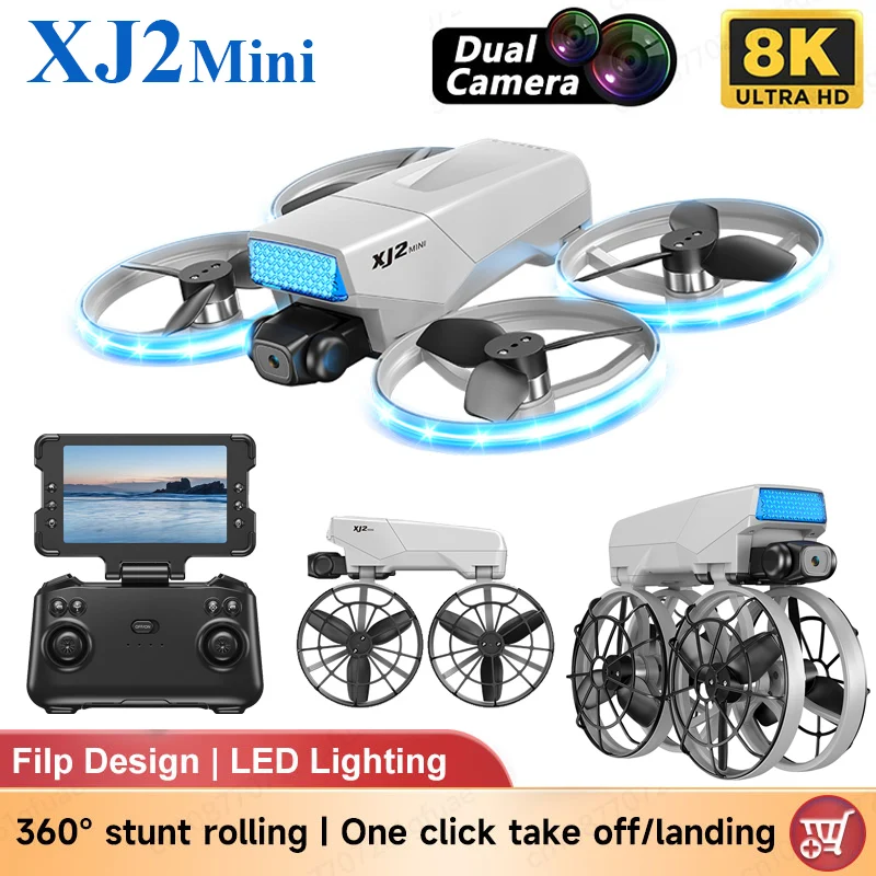 XJ2Mini Camera Drone Professional Dual Camera Foldable Full Protective Cover 360 Roll LED Lighting Brushless Motor RC Quadcopter