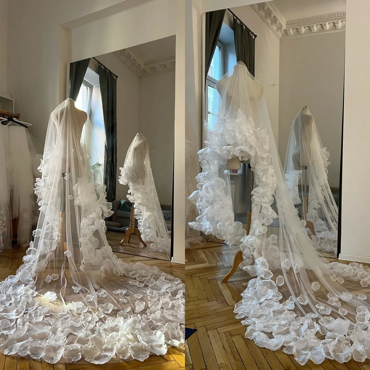 

Romantic Wedding Veils 3D Handmade Petal Two Layer Cathedral Length Bride Veil Customized Applique Edge Bridal Accessories