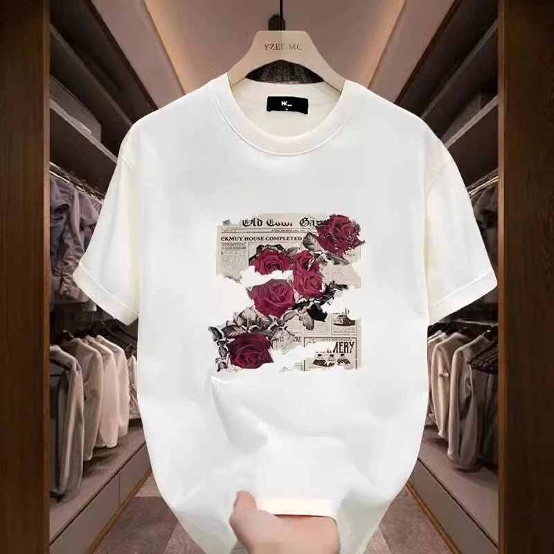 American Rose Print Short-sleeved T-shirt for Men, A Loose Summer Street Top Футболка Мужская