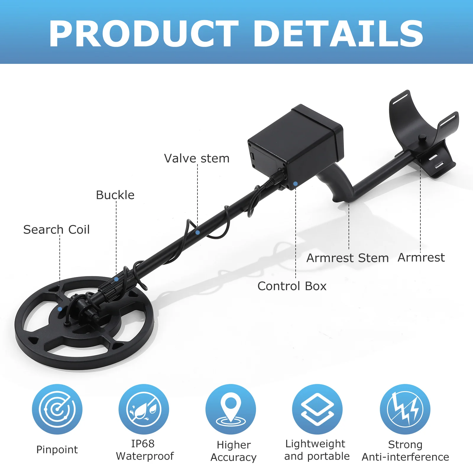 

High Sensitivity Adjustable Length Waterproof Lightweight Ergonomic Grip Outdoor Metal Detecting Tool For Adults