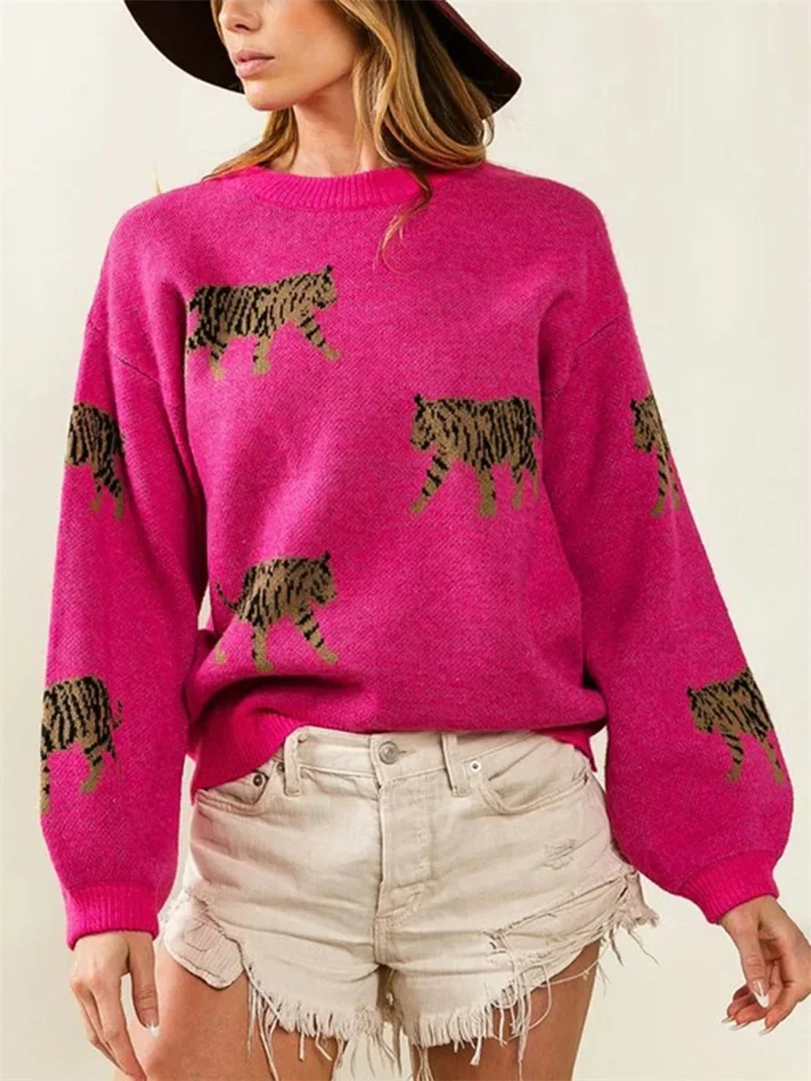 Women Comfy Sweaters Warm Tiger Print Long Sleeve Pullover Basic Knitwear Streetwear