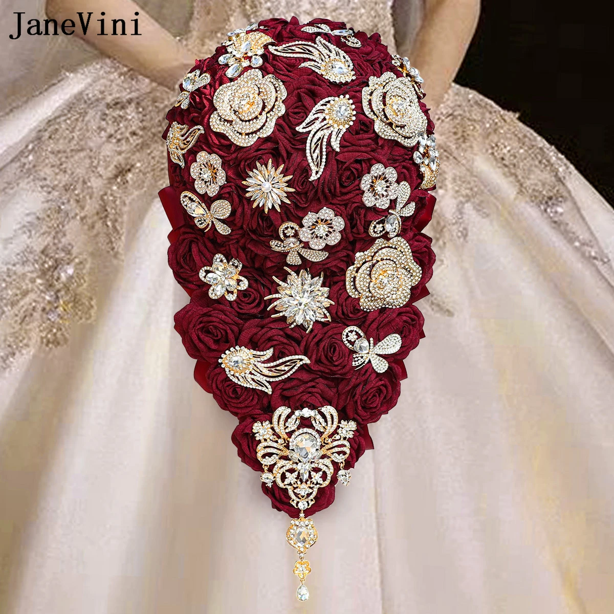 

JaneVini Bling Golden Crystal Dark Red Waterfall Bridal Bouquets Artificial Satin Roses Cascading Flowers Wedding Brooch Bouquet