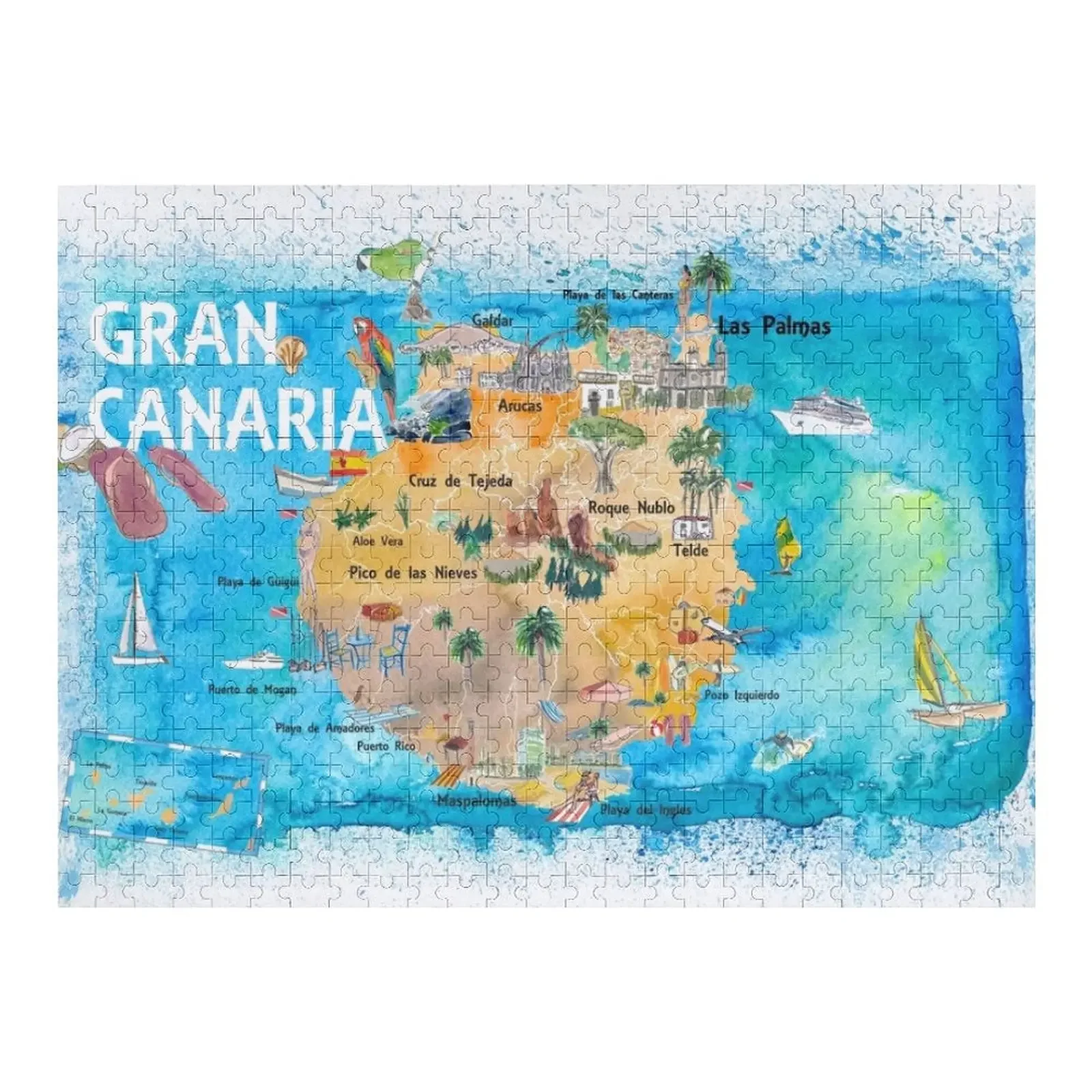 

Gran Canary Canarias Spain Illustrated Map with Landmarks and Highlights Jigsaw Puzzle Wood Photo Personalized Puzzle