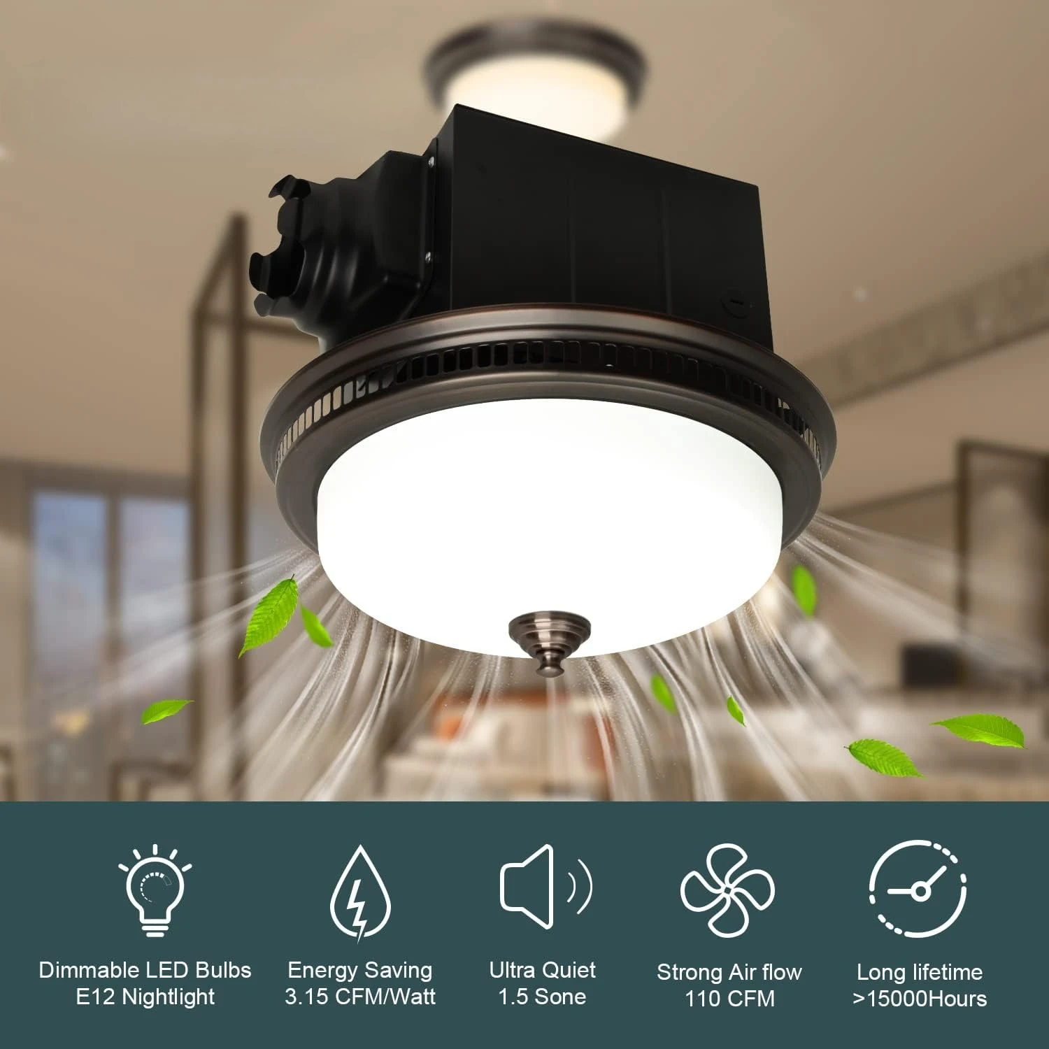 

Quiet 110 CFM Round Exhaust Bathroom Fan with Light and Nightlight Bronze (3x9W GU24 Base LED Bulbs and 1pcs E12 Nightlight)