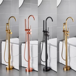 All copper cold and hot floor mounted bathtub faucet, vertical independent wooden bucket column, basin wall connected shower set