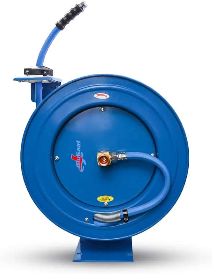 BSWR5850 Retractable Hose Reel with 5/8" x 50' Hot Water Rubber Hose, 6' Lead-in, 500 PSI, Brass Fittings, Swivel Mount