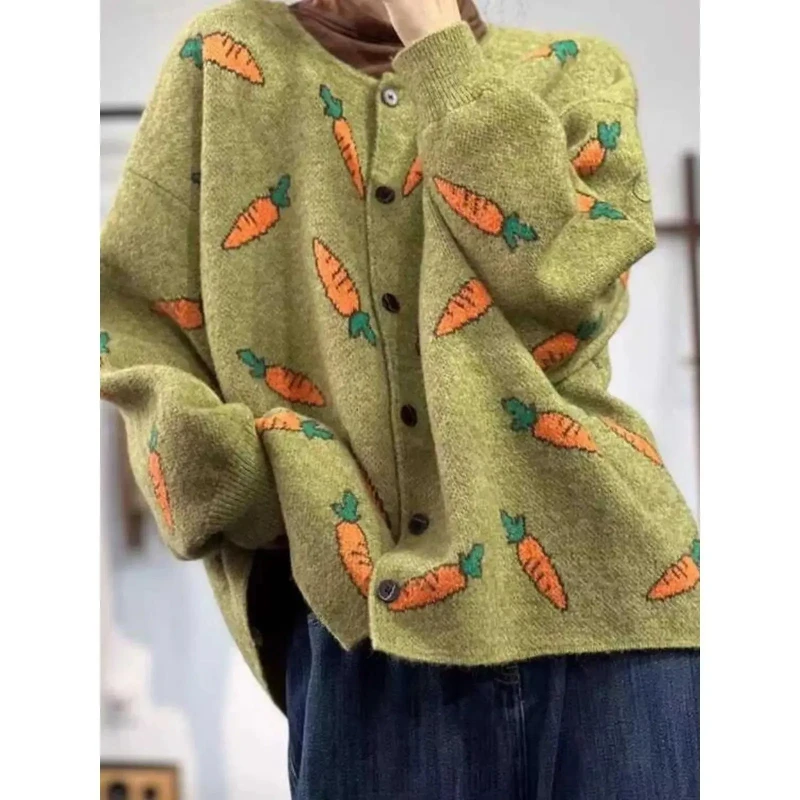 

Forest Contrast Jacquard Knit Coat Round Neck Sweater Women Loose and Lazy Wind Age-reducing Slim Cardigan