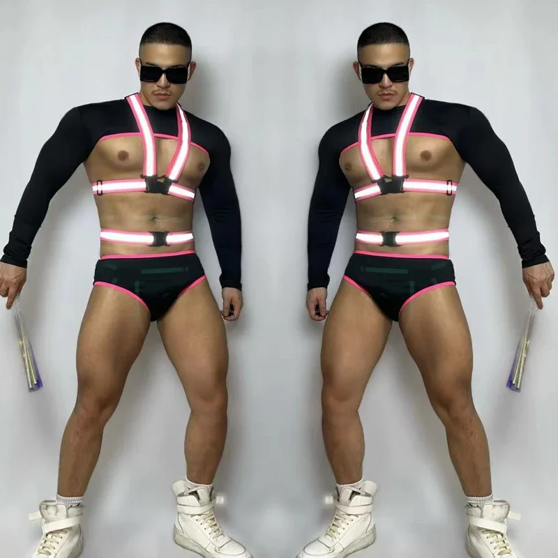 Fitness powerhouse homem muscular pólo dança gogo traje masculino preto topo shorts reflexivo cinta no peito barra dj ds palco rave outfit