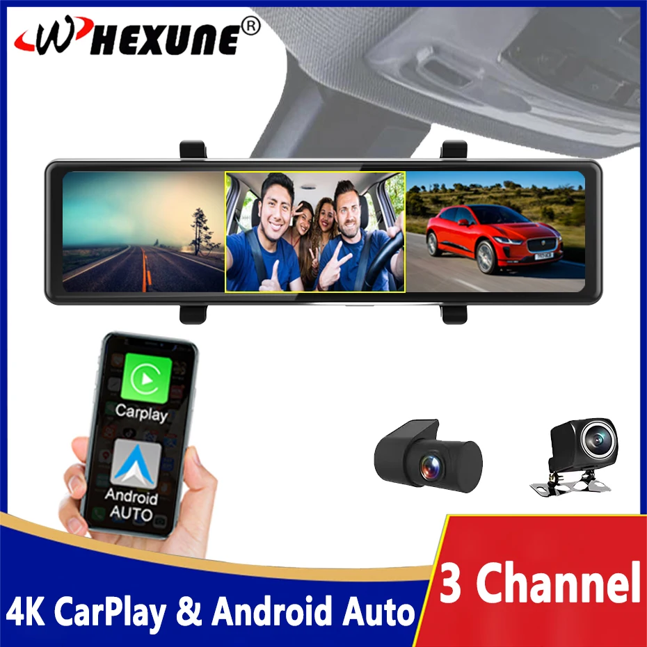 12 Inch Dash Cam 1080P 3 Cameras Car Mirror Video Recorder Carplay Android Auto Wireless Connection WiFi Miracast GPS Navigation