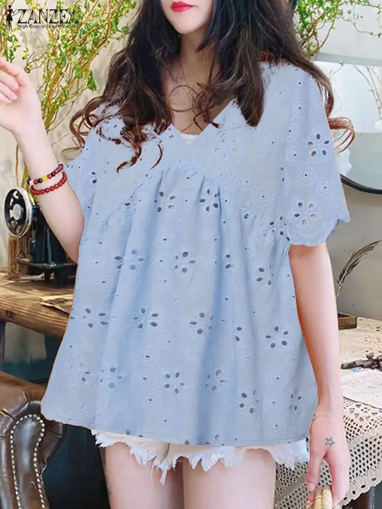 

ZANZEA Summer Lace Crochet Blouse Women Elegant V Neck Half Sleeve Tops Solid Embroidery Blusas Chemise Casual Hollow Out Shirt