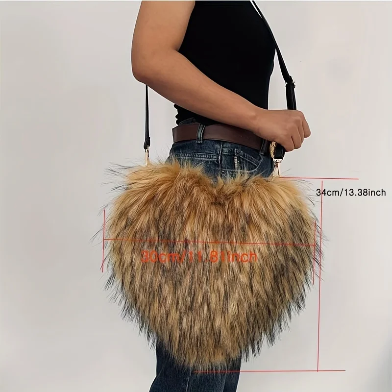 Plush Love Heart Shaped Crossbody Bag Faux Fur Fluffy Shoulder Bag Fashion Love Purse Large Capacity for Women