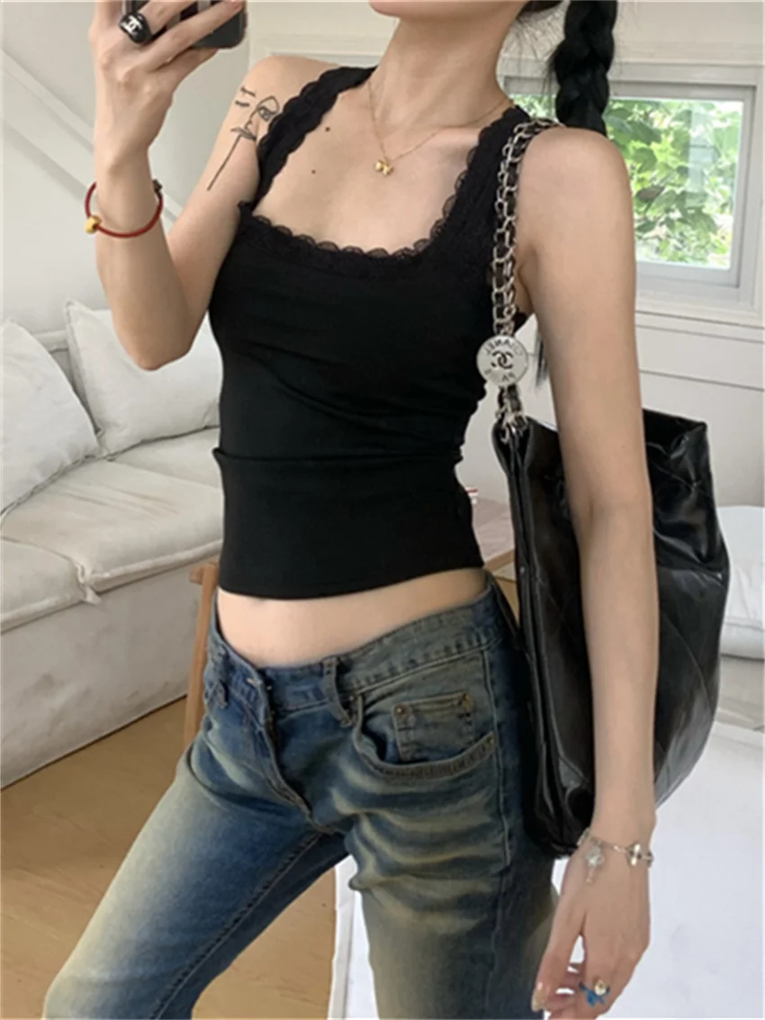 PLAMTEE Black Tank Tops Lace Women High Street Casual Summer 2024 Loose Gentle New All Match Mujer Square Collar Slim Camis