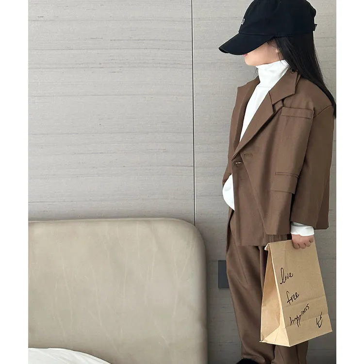 Girl Suit 2023 New Autumn Korean Fashion Style Tailored Suit Solid Cotton Irregular Long Sleeve Top Loose Pants Two Piece Suit