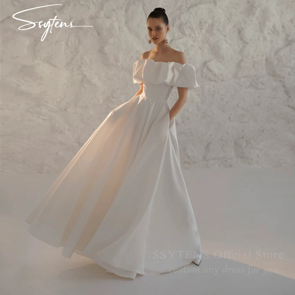 

Elegant A Line Wedding Dresses Off the Shoulder Satin Bridal Gowns Solid Bride Dress Bespoke Long Weddings Party Evening Gown