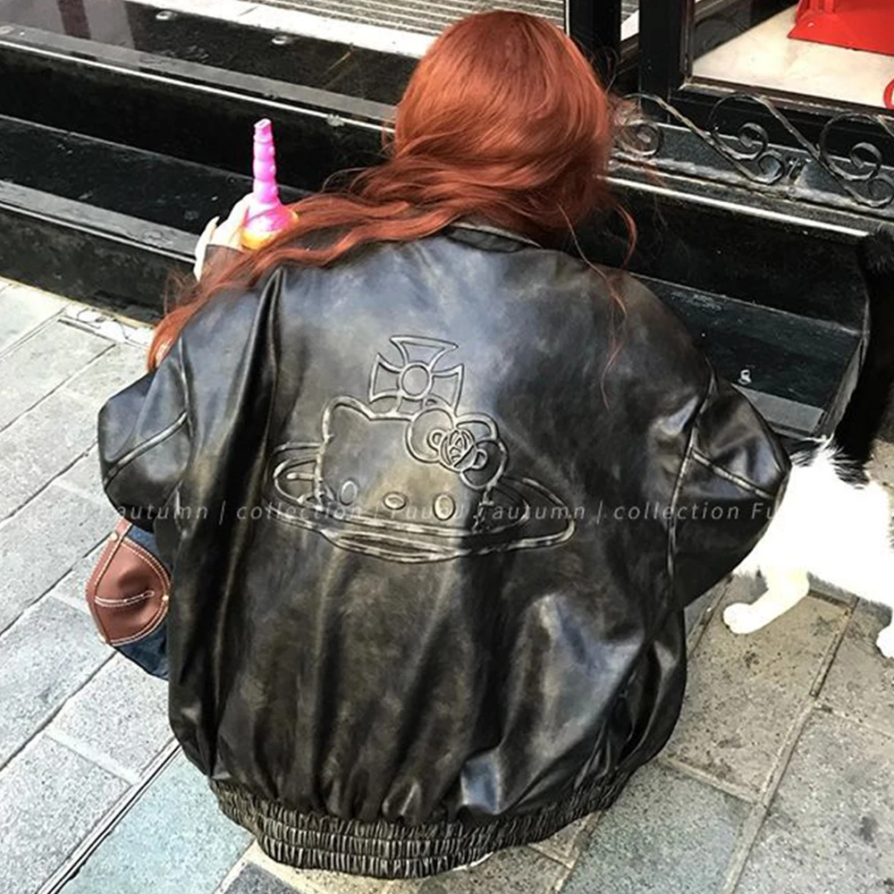 

Y2K Hello Kitty Pu Leather Jacket Coat Sanrio Women Anime Kawaii Autumn Girls Black Retro Embroidery Tops Student Loose Fashion
