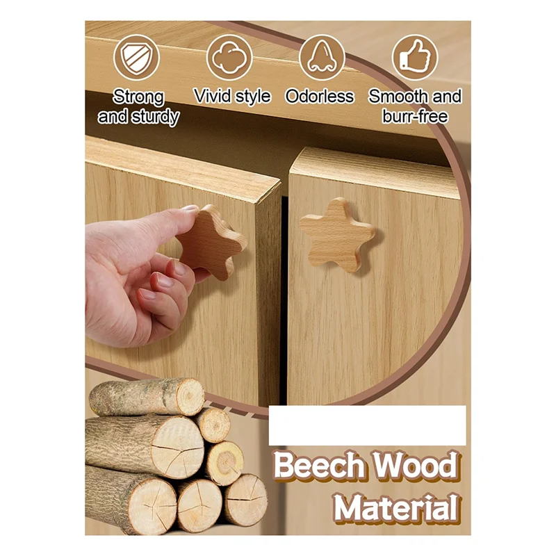 LUWEI Boho Dresser Knobs-12Pack Durable Wood Drawer Knobs Star-Shaped Wooden Dresser Pulls With 24Screws For Cabinet,Furniture D
