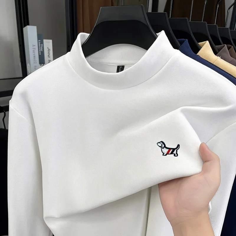 Luxury Brand Men's Semi High Neck Velvet Long Sleeve T-Shirt Autumn Winter New Dog Print Base Shirt Casual Versatile Men's wear