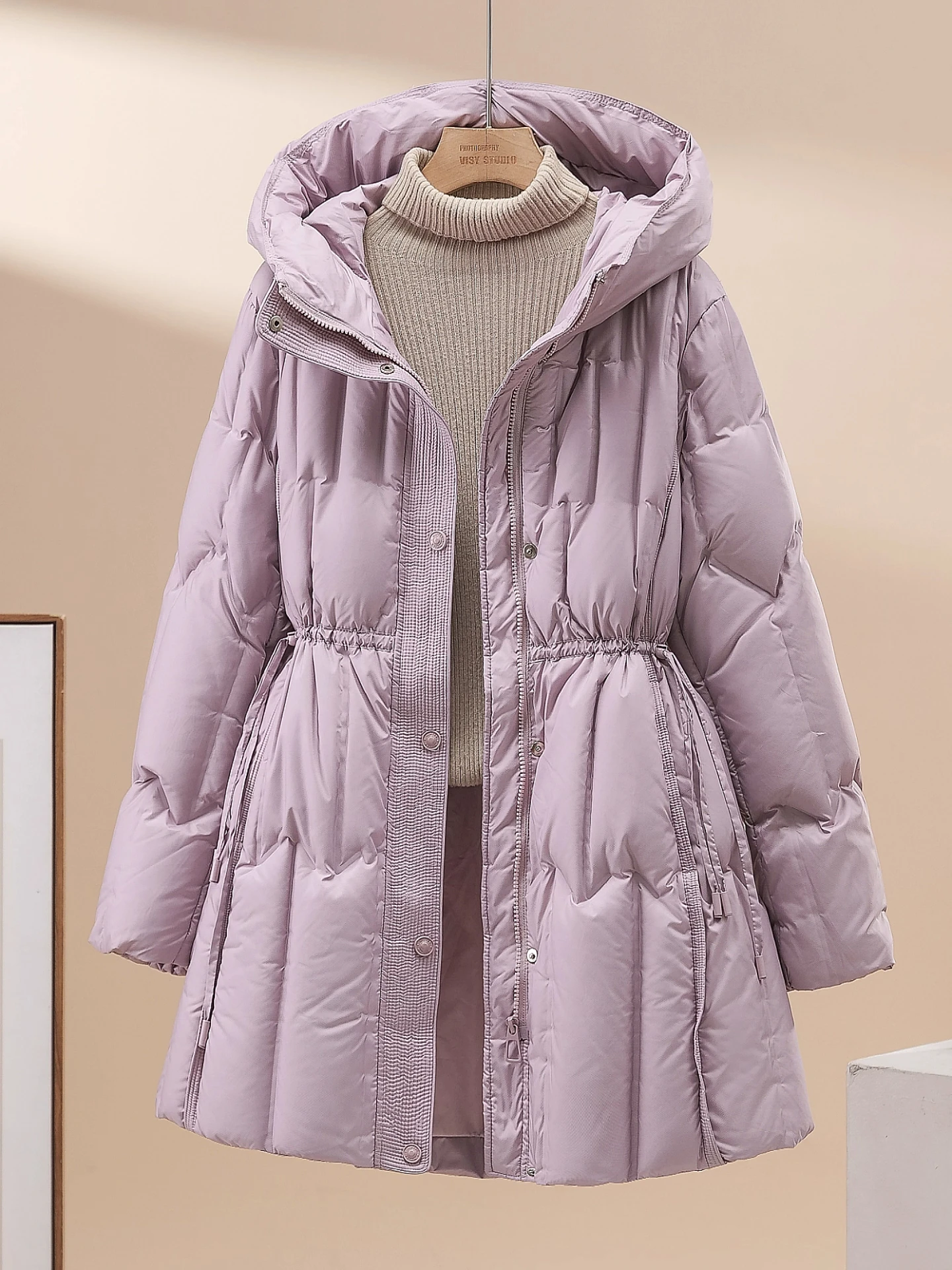 

2025 Winter Thickened Duck down Puffer Jacket Women's Waist-Cinching Hooded Coat Warm Stylish Commute Style Mid-Length