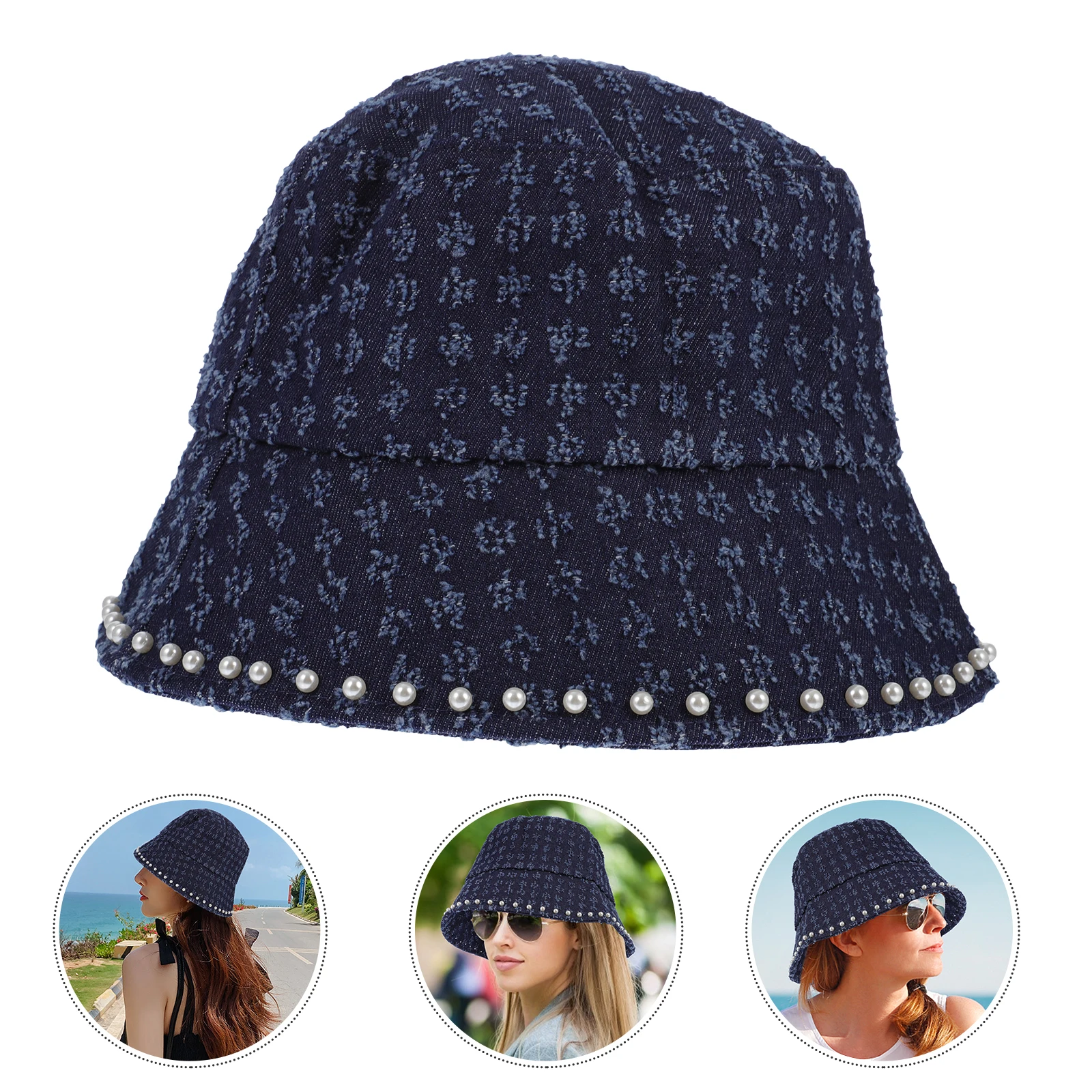 

Denim Pearl Fisherman Hat Lightweight Sun Protection Women Girls Trendy Bucket Cap Beach Travel Hiking Camping Sports Street