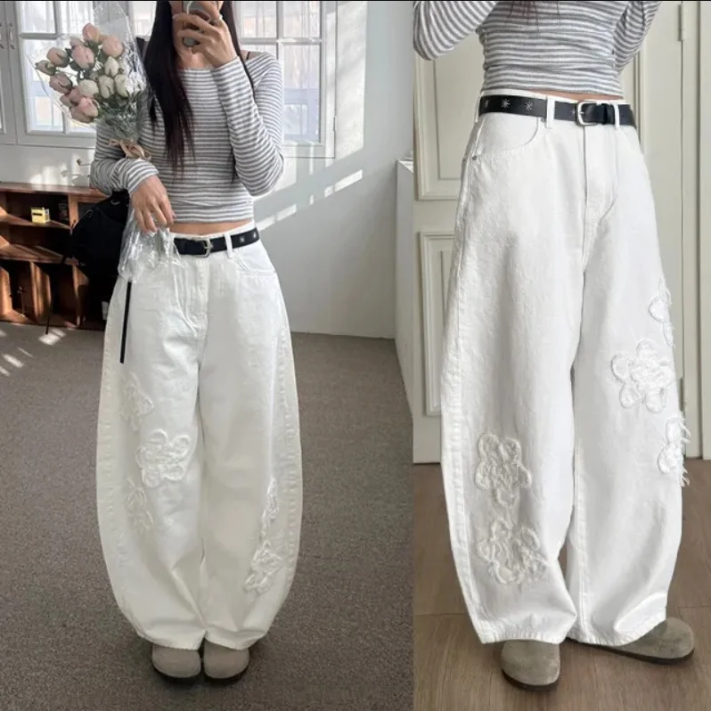 Casual High Waist Wide Leg Jeans Floor Length Embroidered Floral Workwear Style Women's Loose Fit Trousers Korean Chic