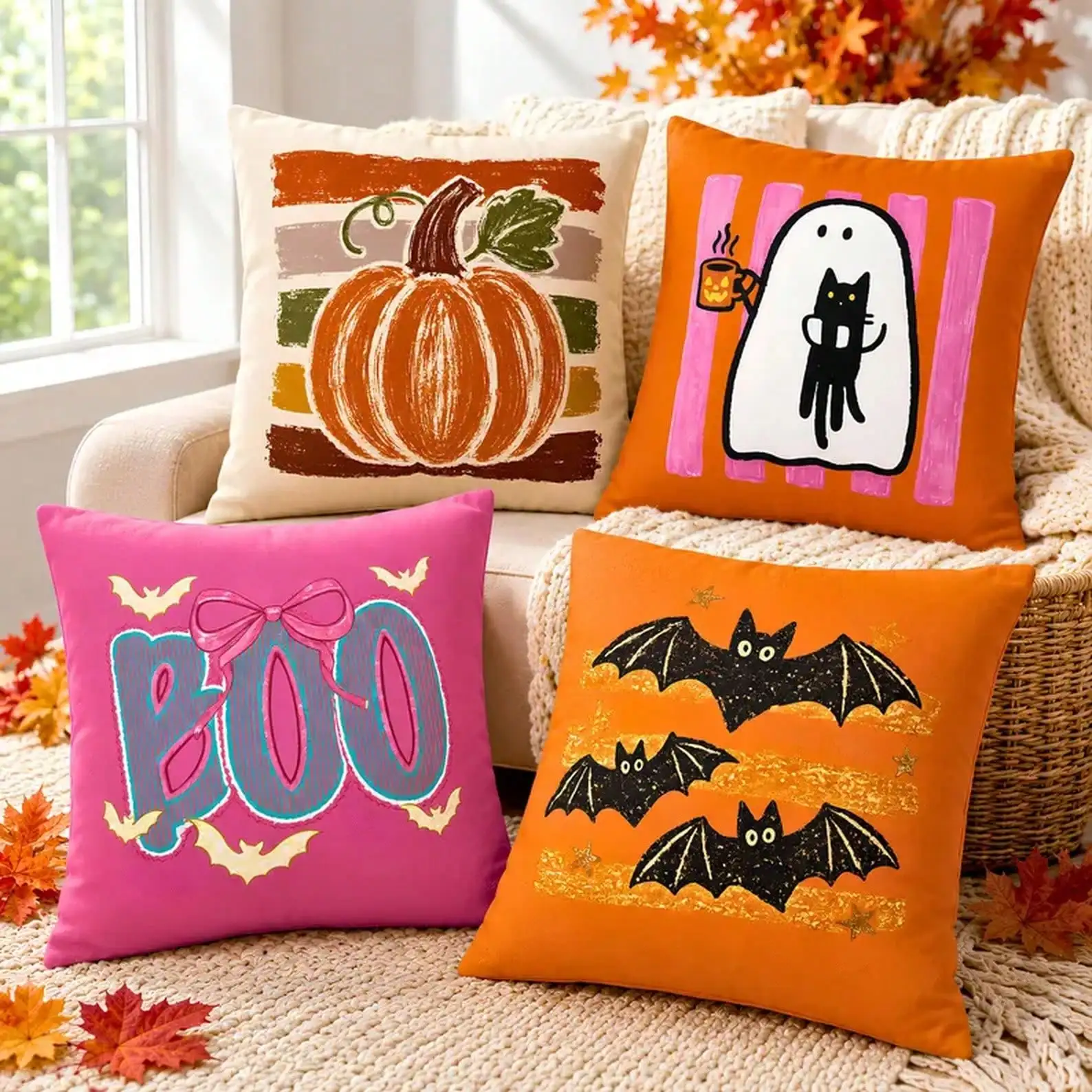1pc Halloween Throw Pillow Covers, Colorful Dopamine Decor Preppy Stripe,2D Double Sided Eclectic Spooky Pumpkin Ghost Bat