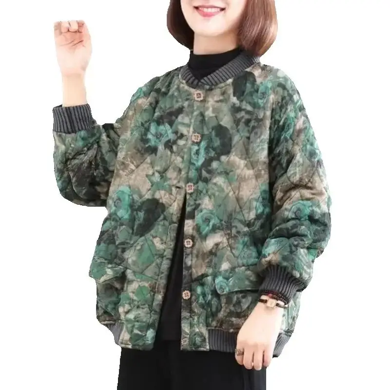 Retro Style Printed Cotton Padded Thick Cotton Jacket Fashion Autumn Winter Coat Middle Aged Elderly Women Keep Warm Outerwear