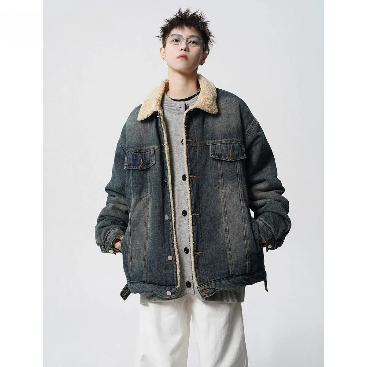 Fleece Solid Lapel Denim Cotton Jacket Men Autumn Winter High Quality  Washed Couple Casual Thickened Fashion Coats