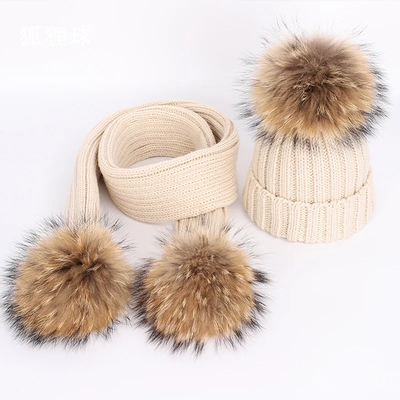 Set Topi dan Syal Rajut Bulu Rakun Asli untuk Anak-Anak, Musim Gugur Musim Dingin, Tebal dan Hangat, untuk Anak Laki-Laki dan Perempuan, 2 Pcs