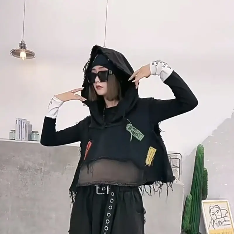 Y2k Hooded Patchwork Denim Vest Sleeveless Patchwork Top Jacket Frayed Edges Fringe Streetwear Hooded Waistcoat Women Tops Trend