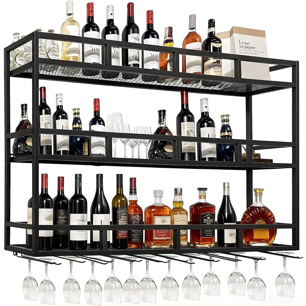 

3-уровневая настенная винная полка со светодиодной подсветкой, металлические барные полки для дома, ресторана и кухни. Дисплей для хранения бутылок.