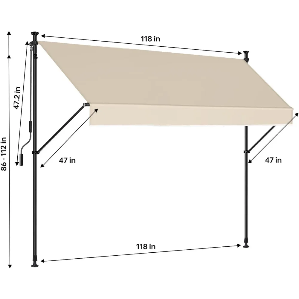 Manual Retractable Awning – 118” Non-Screw Outdoor Sun Shade – Adjustable Pergola Shade Cover with UV Protection Freight free