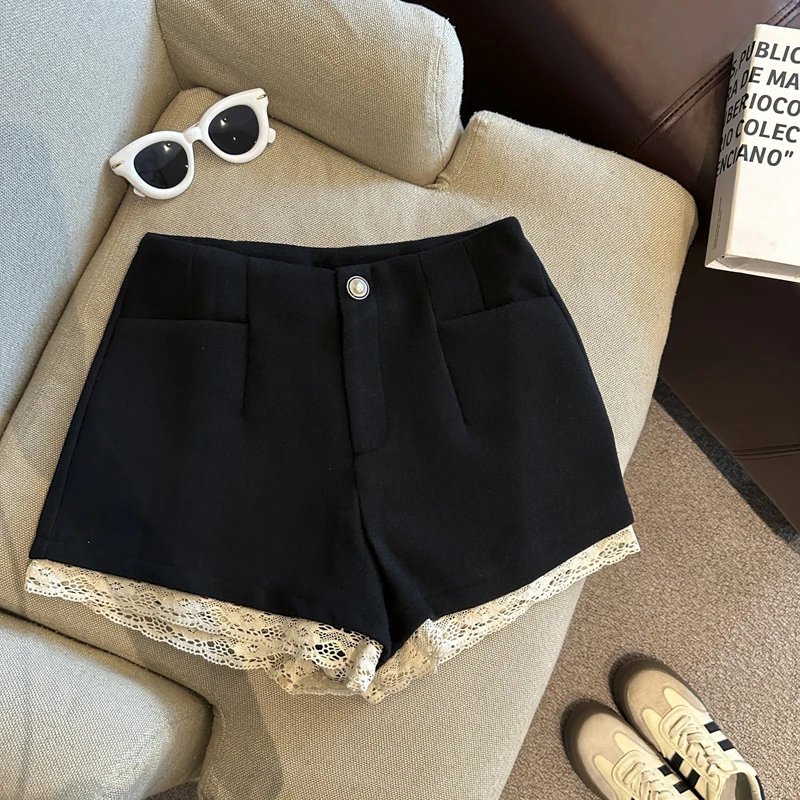 النساء الحلو الدانتيل السراويل الخريف الشتاء عالية الخصر شيك زر عارضة السراويل الإناث المرقعة الصلبة بسيطة مكتب سيدة ضئيلة السراويل