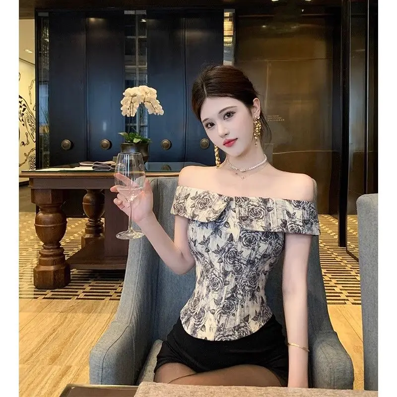 

​​Off Shoulder Rose Print Slimming Women's Corset Top Summer 2025 New Arrival Stylish​​