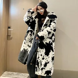 Thick Faux Fur Jacket Women Cow Color Autumn Winter Korean Maxi Coat Long Warm Luxury Fur Black Parkas Bontjas Furry Outerwear