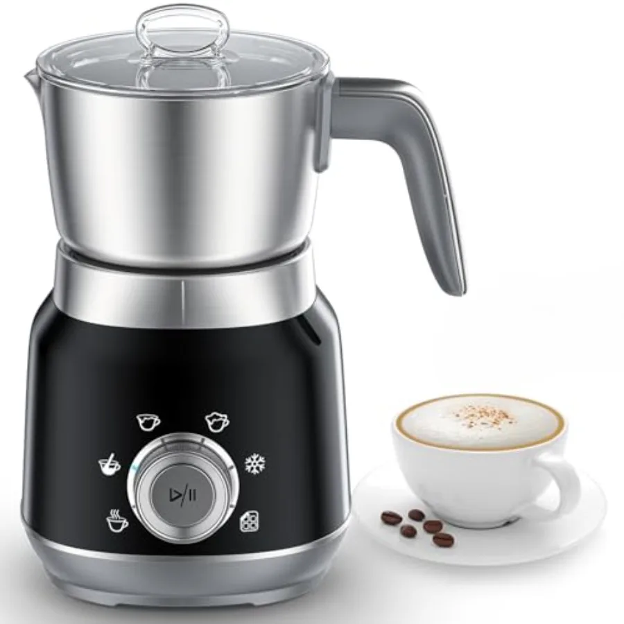 

6-in-1 Electric Milk Frother and Steamer for Lattes/Cappuccinos/Hot Chocolate, Stainless Steel Body, Black, Dishwasher Safe wit