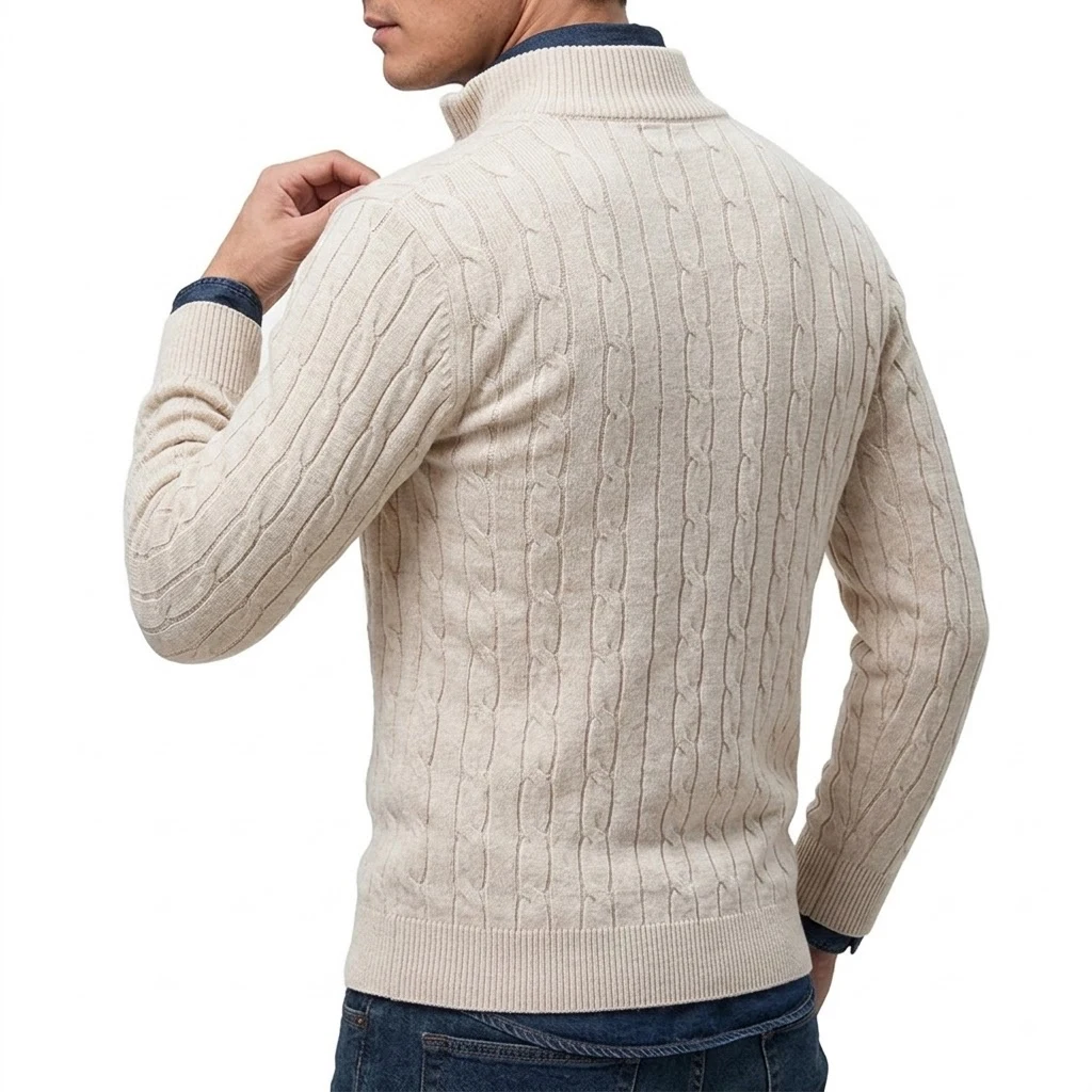 Men's Casual Stand Collar Cardigan Half Zip Cable Knit Sweater Winter Long Sleeve Thermal Pullover Solid Color Slim Fit Jumper view 5