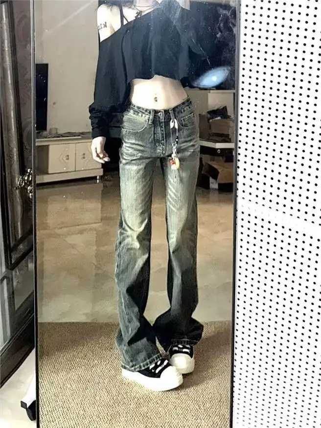 레트로 아메리칸 스트레이트 레그 데님 진 여성용 가을 겨울 하이 스트리트 루즈 슬림 와이드 레그 팬츠 스탠드 핏 미드 스트레치