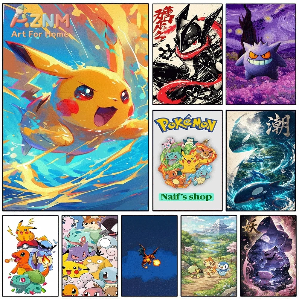 Anime Pokemon Dynamic Lightning Pikachu Canvas Wall Art, Electric‑type Pocket Monster Cartoon Frameless Canvas Painting for Ki